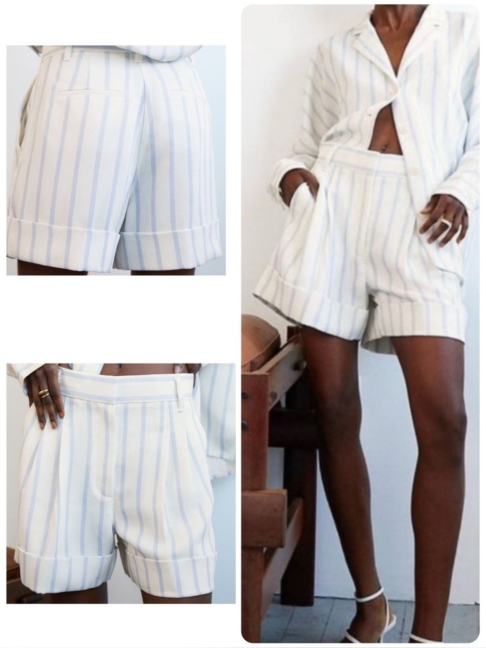Aritzia Wilfred Labyrinth Shorts Blue White High Waist Pleated Cuffed Hem Size 2